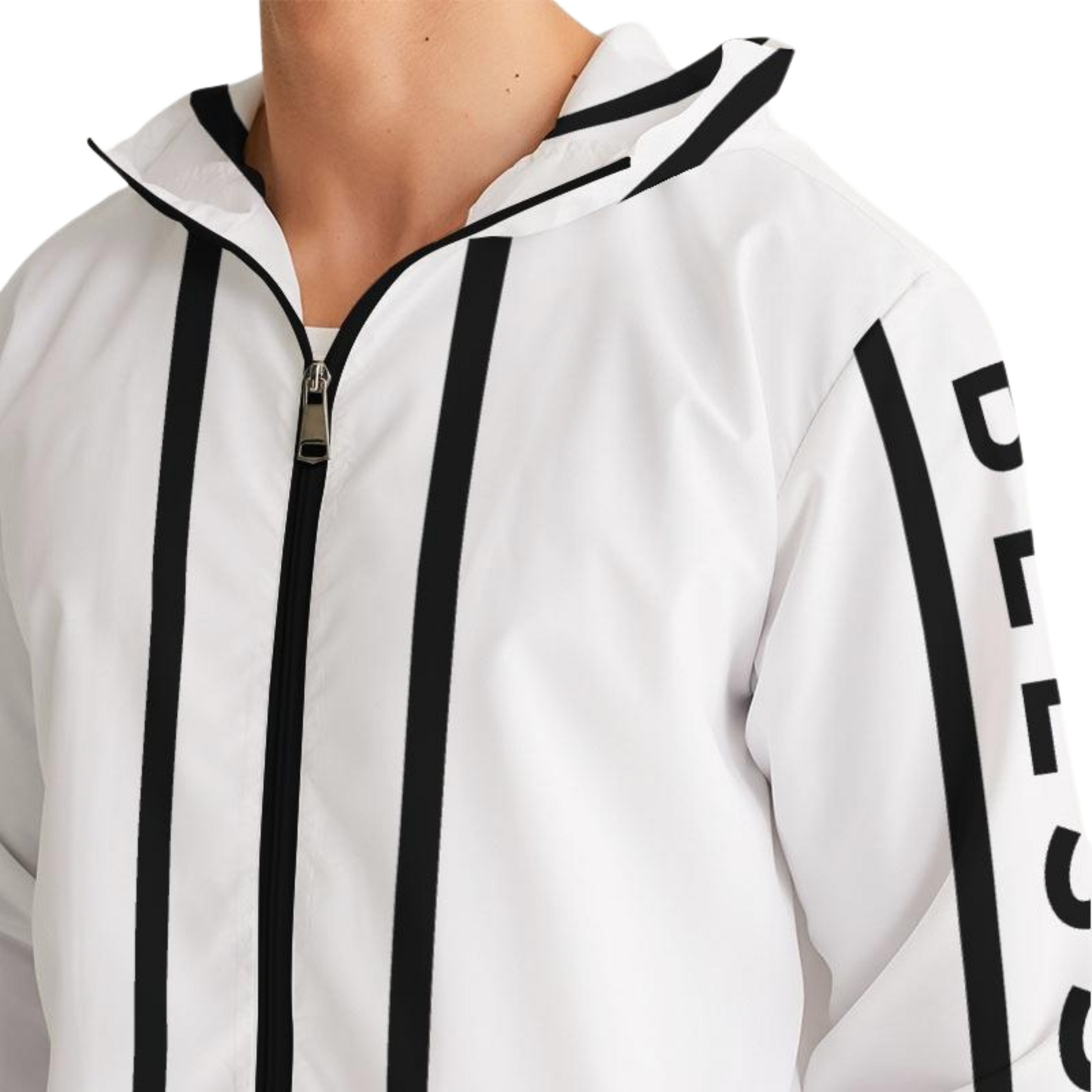 Men's Black on White Blessed Hooded Windbreaker Jacket with black "Blessed" prints along the sleeves, lightweight, water-resistant fabric, and a full mesh lining for added breathability. 
