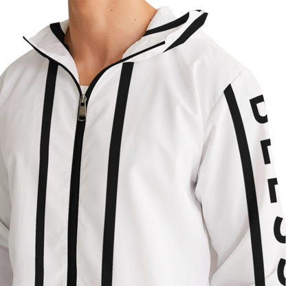 Men's Black on White Blessed Hooded Windbreaker Jacket with black "Blessed" prints along the sleeves, lightweight, water-resistant fabric, and a full mesh lining for added breathability. 