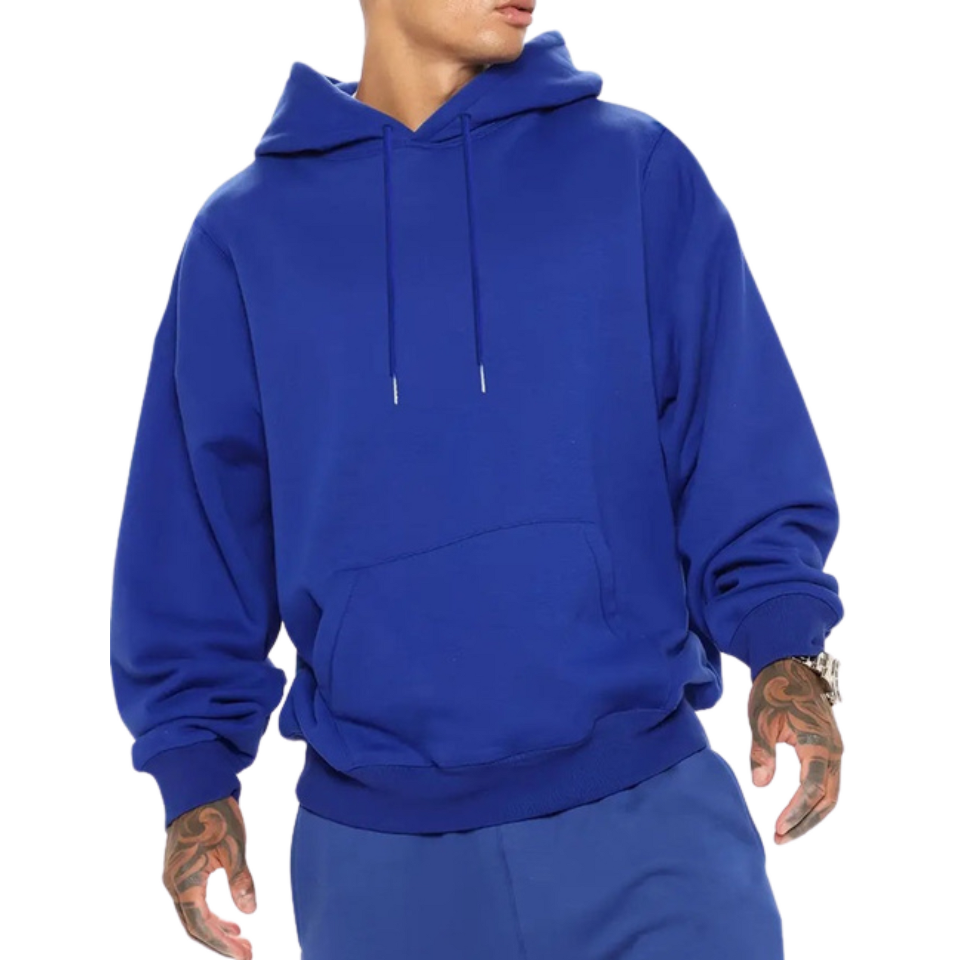 Men's Blended Sports Tec Pocket Pullover Hoodie with drawstring and front pocket, made from a durable cotton-polyester blend. Available in black, blue, and green. Perfect for casual wear or workouts.