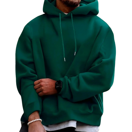 Men's Blended Sports Tec Pocket Pullover Hoodie with drawstring and front pocket, made from a durable cotton-polyester blend. Available in black, blue, and green. Perfect for casual wear or workouts.