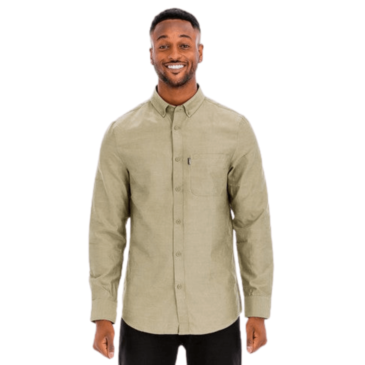 Men’s long sleeve button-down dress shirt with faux front pocket and turn-down collar.