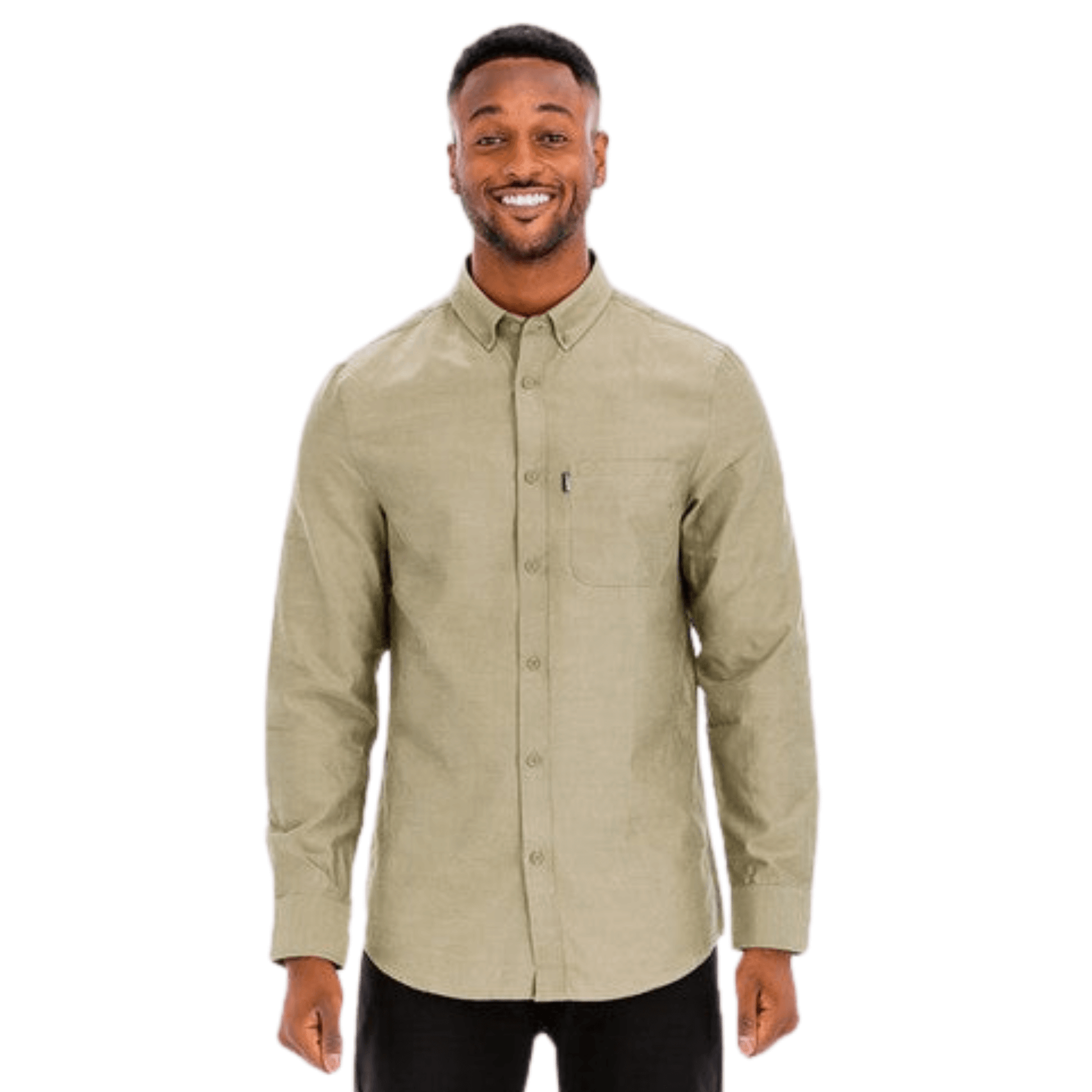 Men’s long sleeve button-down dress shirt with faux front pocket and turn-down collar.