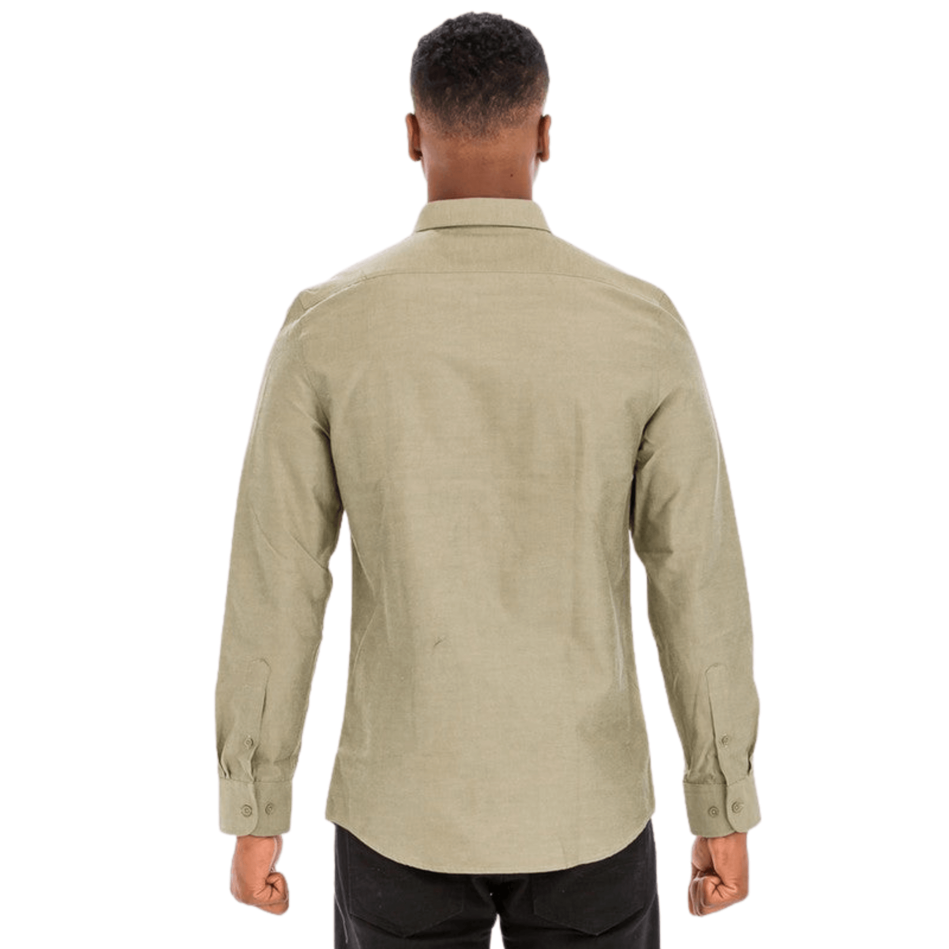 Men’s long sleeve button-down dress shirt with faux front pocket and turn-down collar.