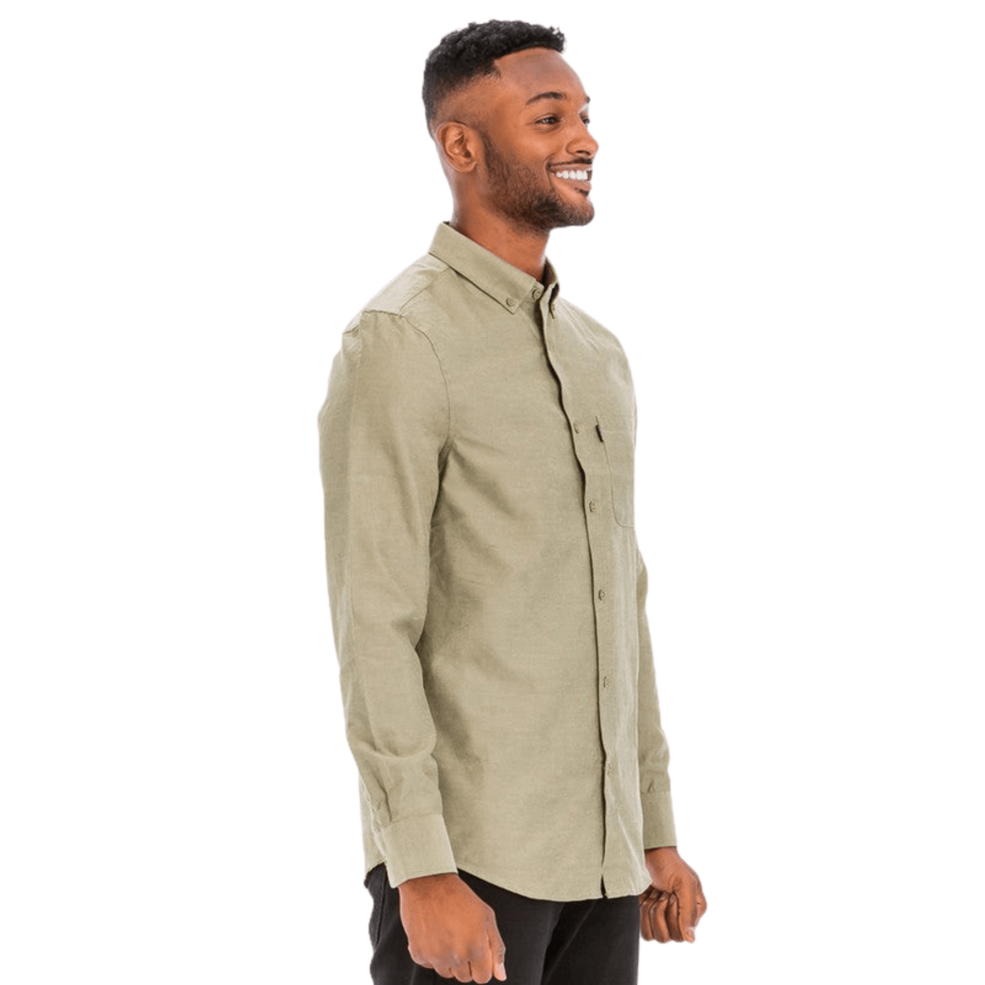 Men’s long sleeve button-down dress shirt with faux front pocket and turn-down collar.