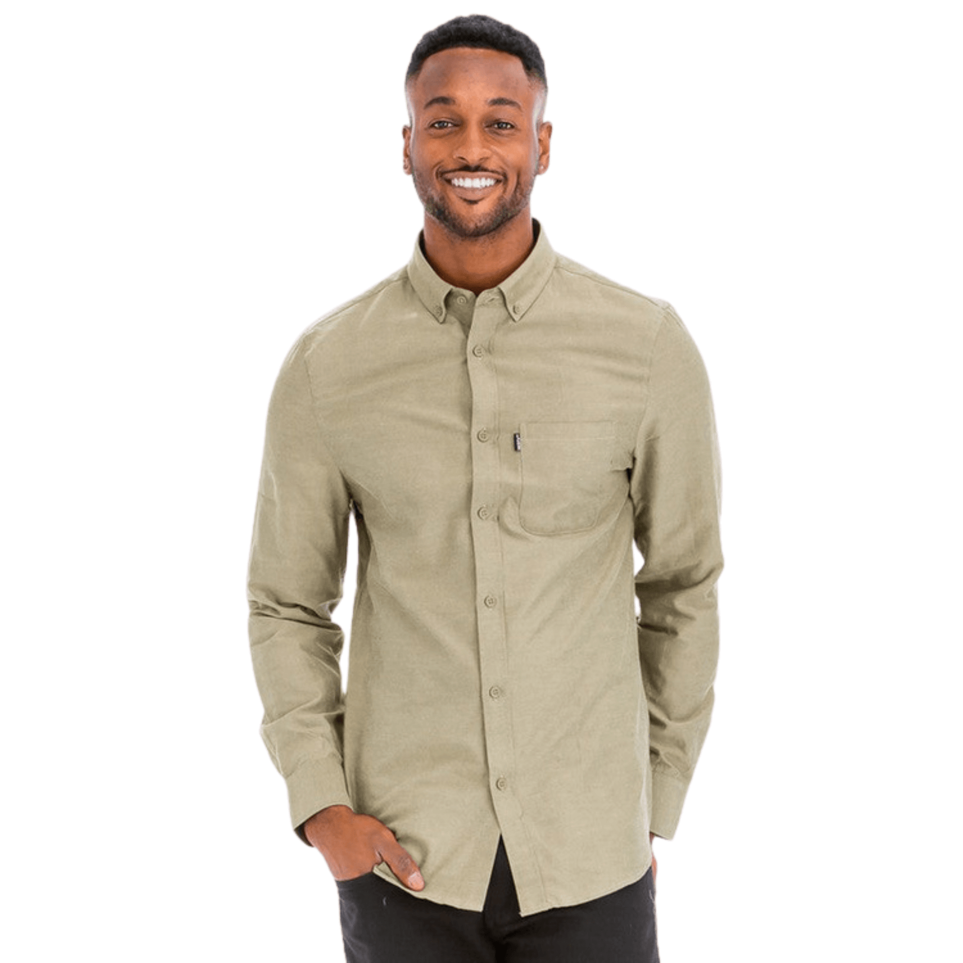 Men’s long sleeve button-down dress shirt with faux front pocket and turn-down collar.