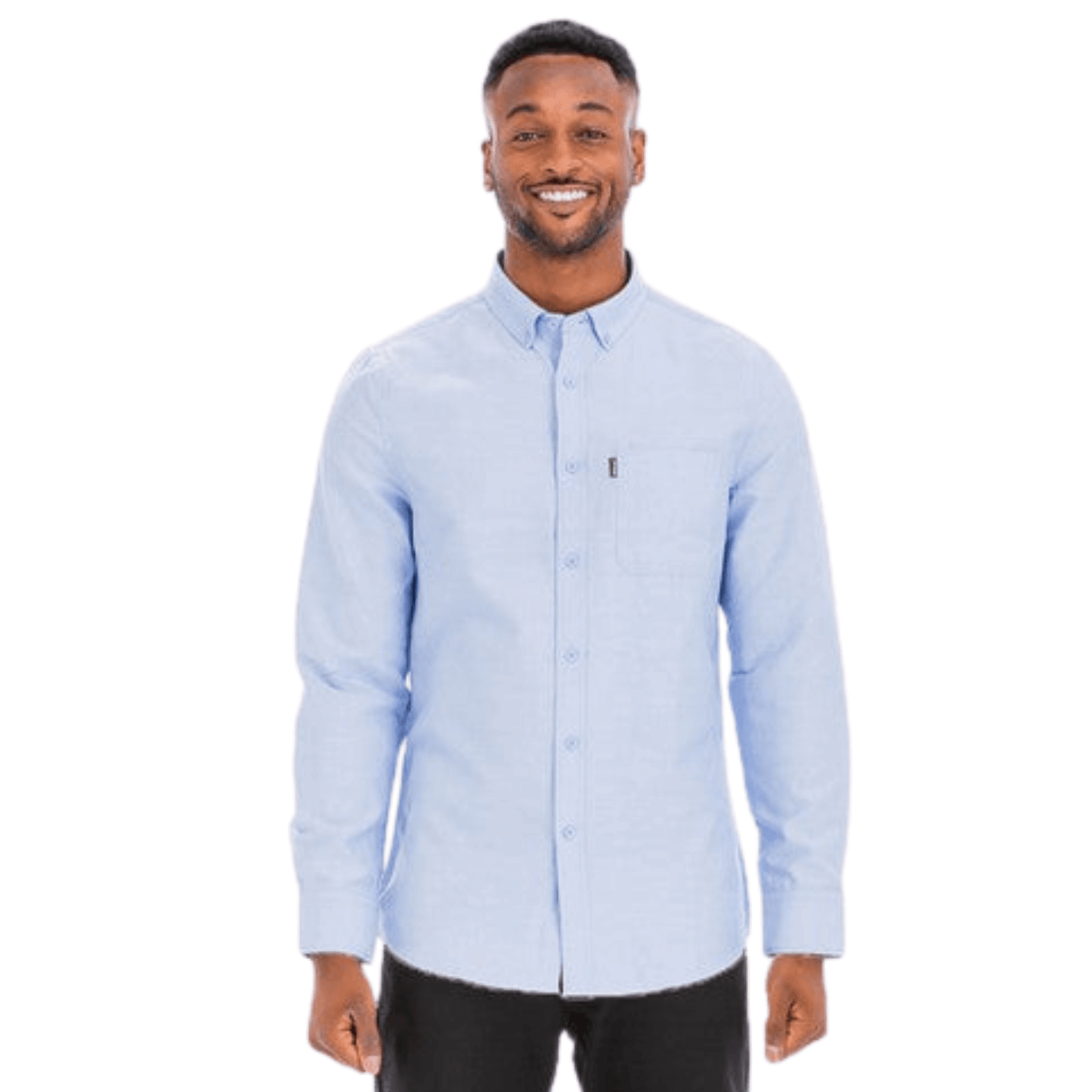 Men’s long sleeve button-down dress shirt with faux front pocket and turn-down collar.