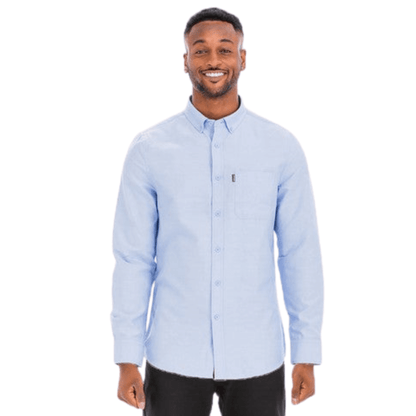 Men’s long sleeve button-down dress shirt with faux front pocket and turn-down collar.