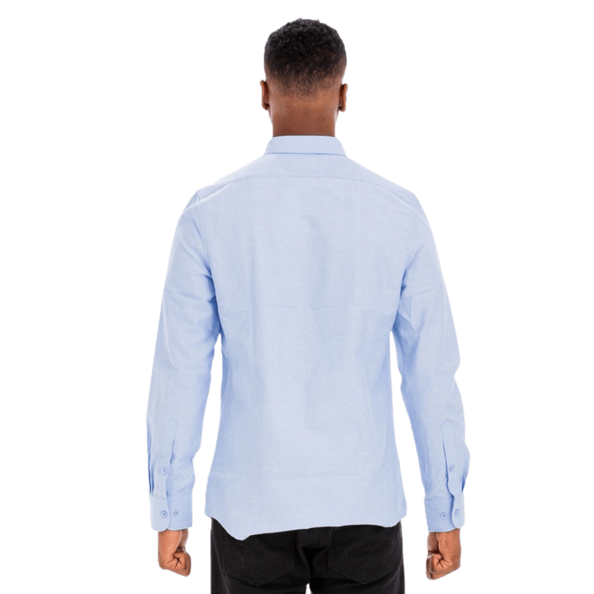 Men’s long sleeve button-down dress shirt with faux front pocket and turn-down collar.