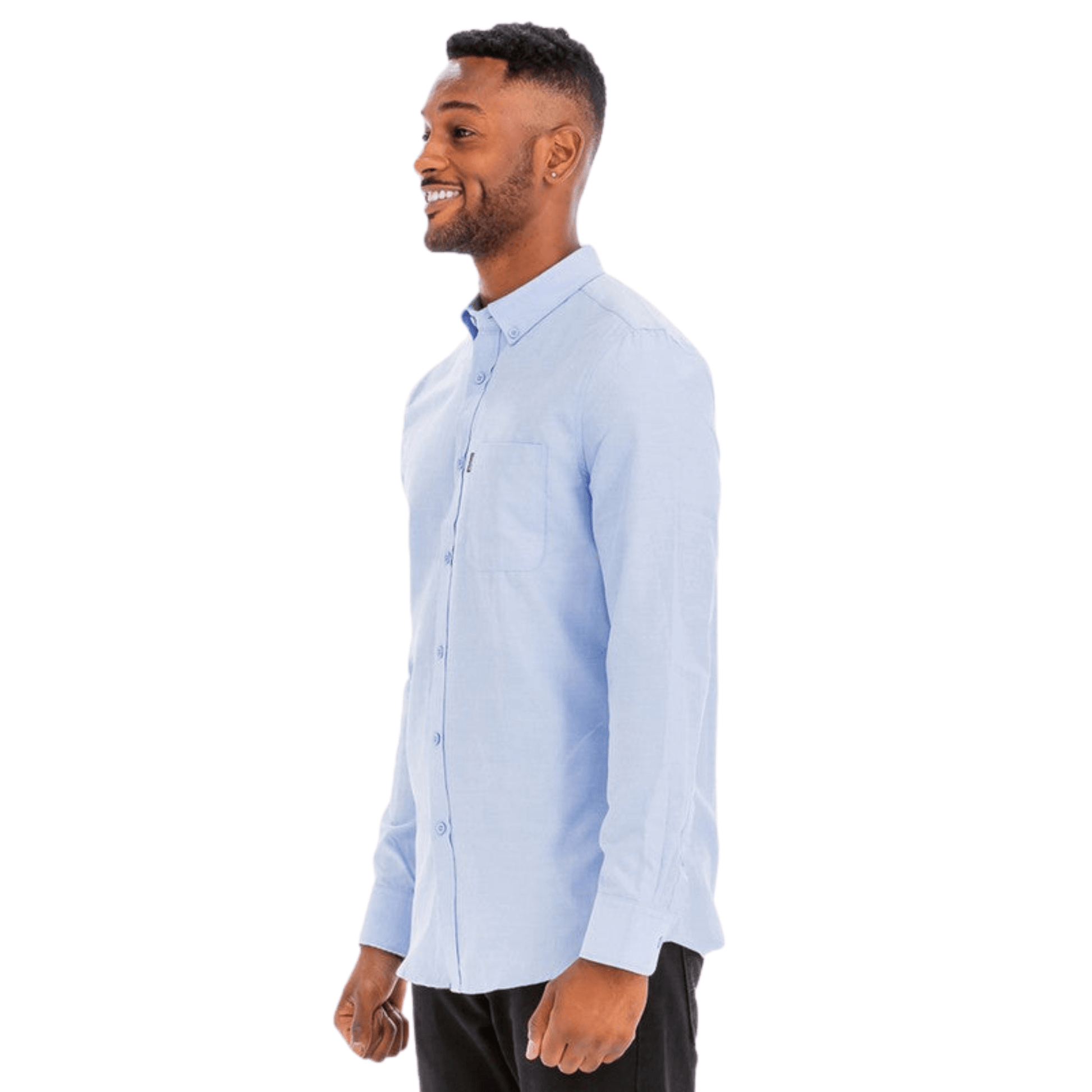 Men’s long sleeve button-down dress shirt with faux front pocket and turn-down collar.