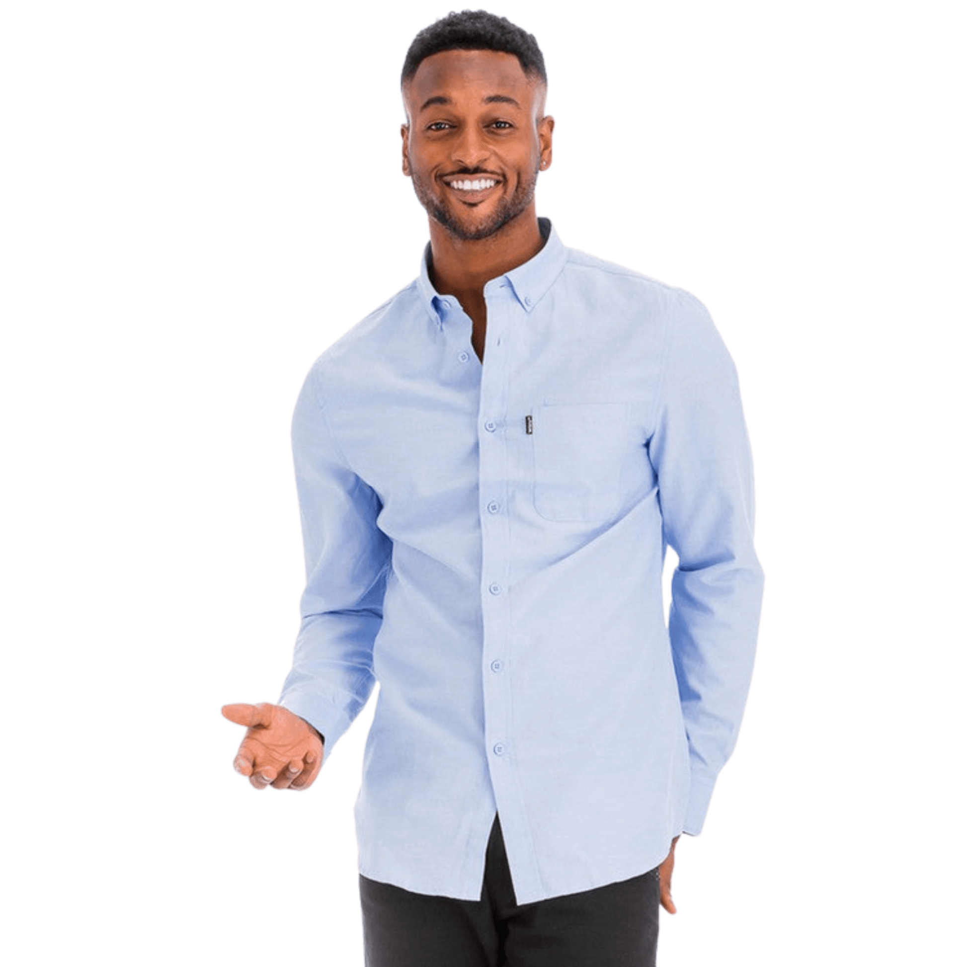 Men’s long sleeve button-down dress shirt with faux front pocket and turn-down collar.