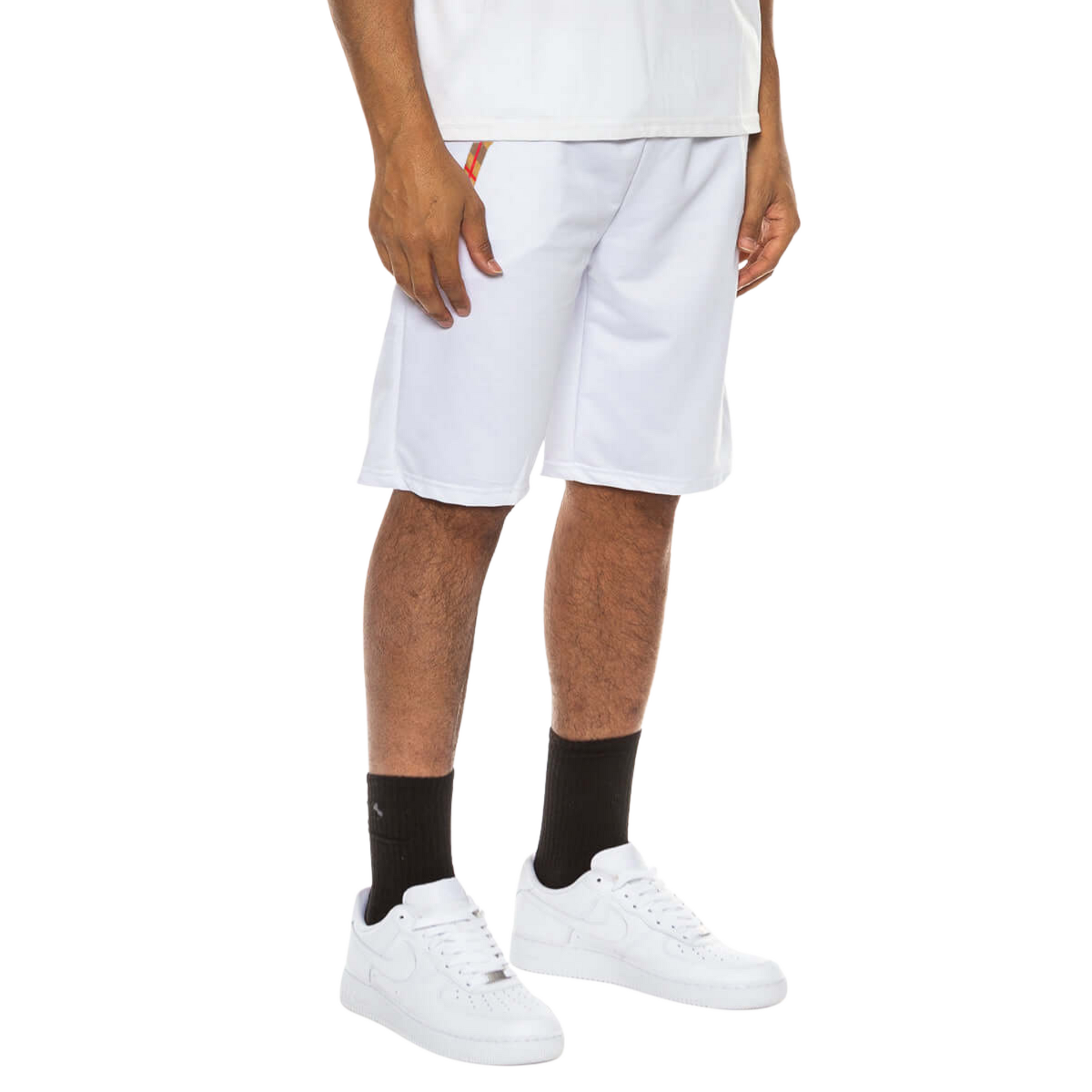 Men’s regular-fit cotton blend shorts with checkered trim at waist and pockets, shown in white