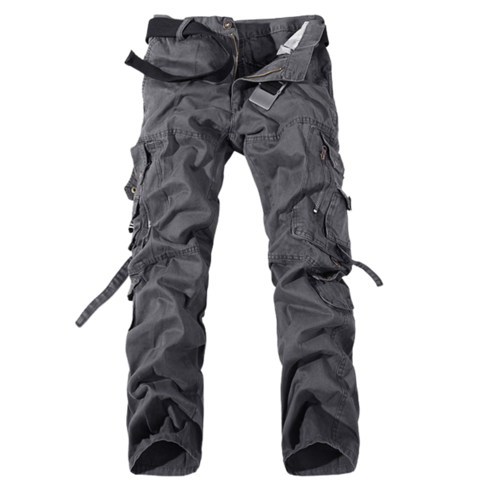 Men's Desert Storm Cotton Cargo Utility Pants with Straps – 100% premium cotton cargo pants with multiple pockets and stylish straps. Available in gray khaki, dark earth yellow, grass green, army green, and black.