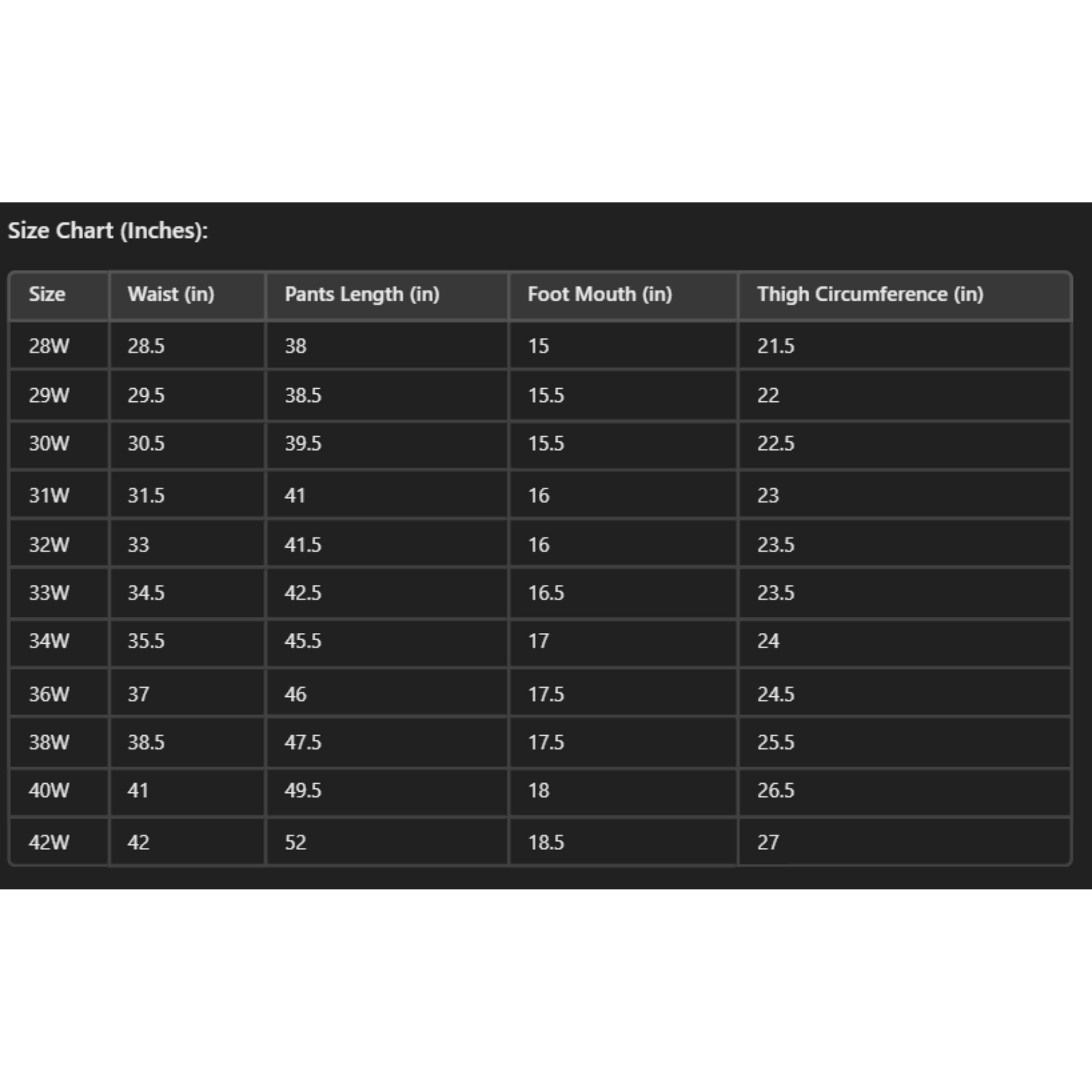 size chart