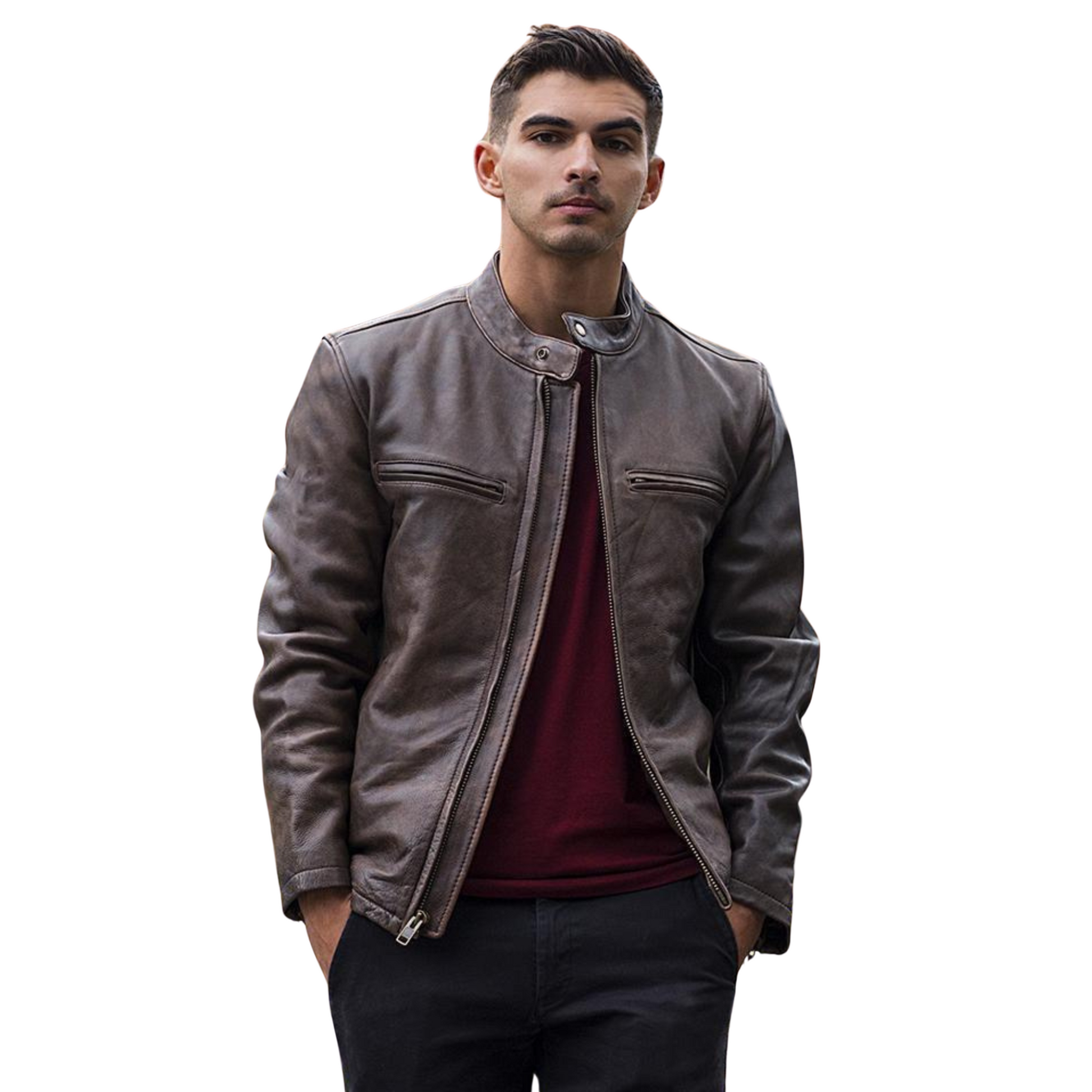 Men's Distressed Brown Cowhide Leather Bomber Jacket