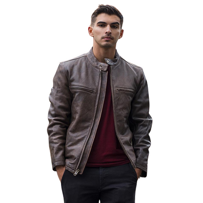 Men's Distressed Brown Cowhide Leather Bomber Jacket
