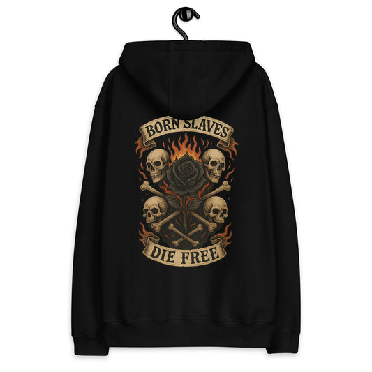 Black hoodie with skull and crossbones design on a white background