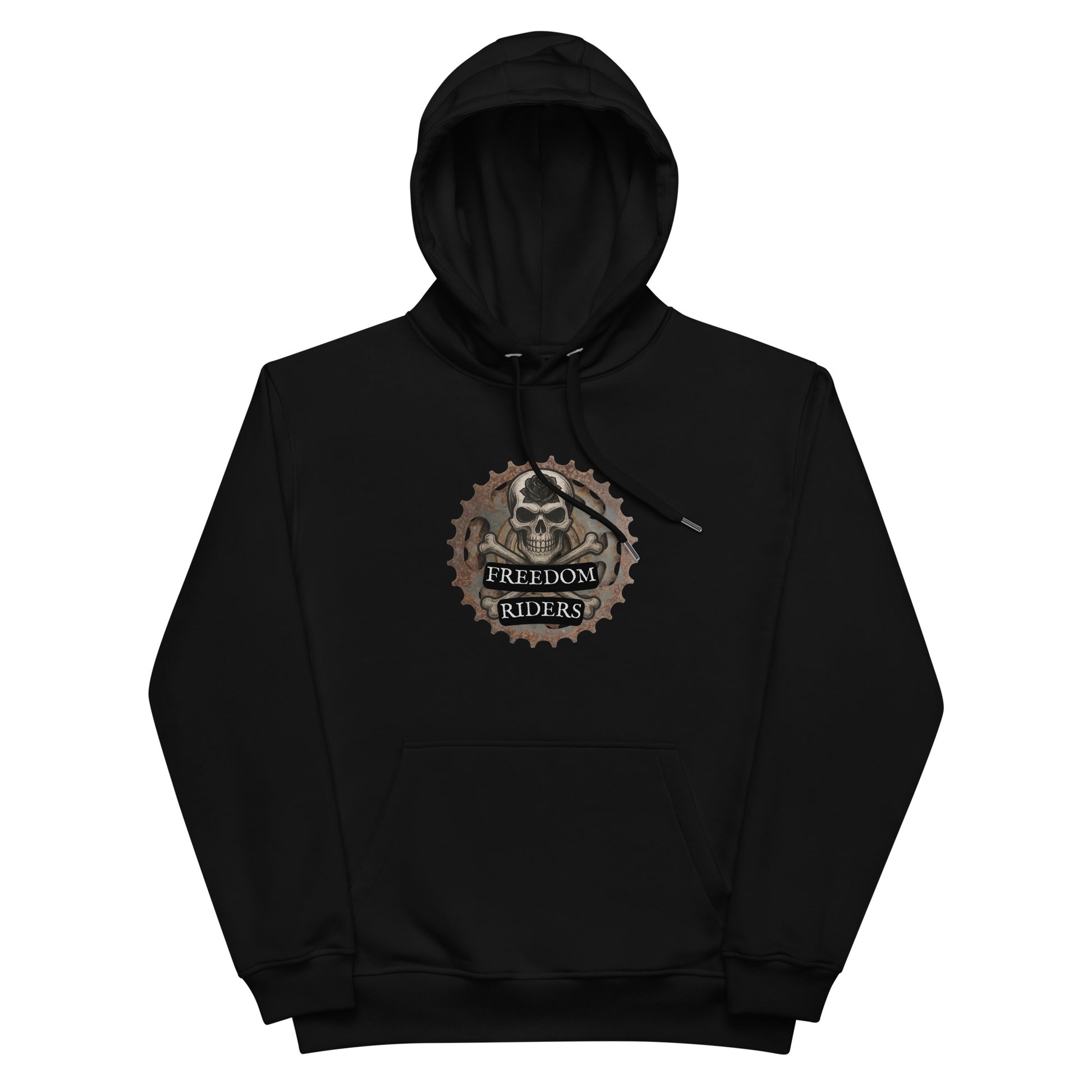 Black hoodie with 'Freedom Riders' logo on a white background