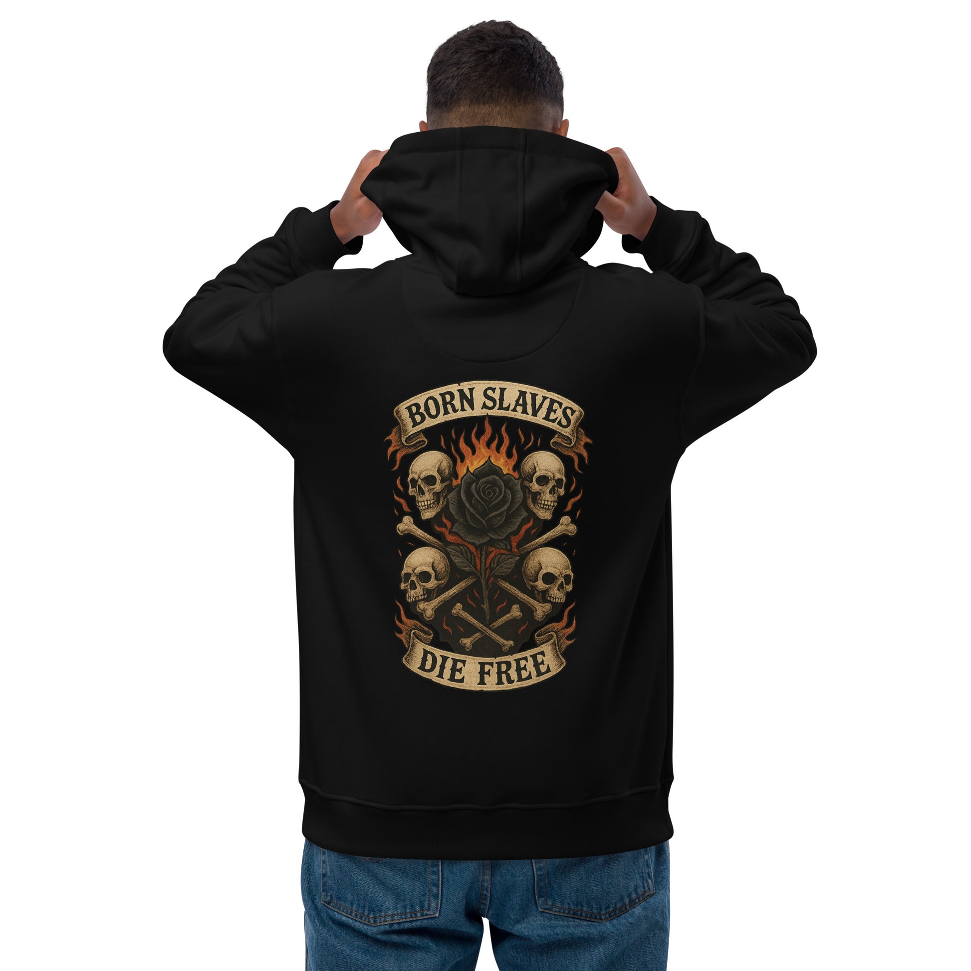 Person wearing a black hoodie with a graphic design on the back, featuring skulls and text.