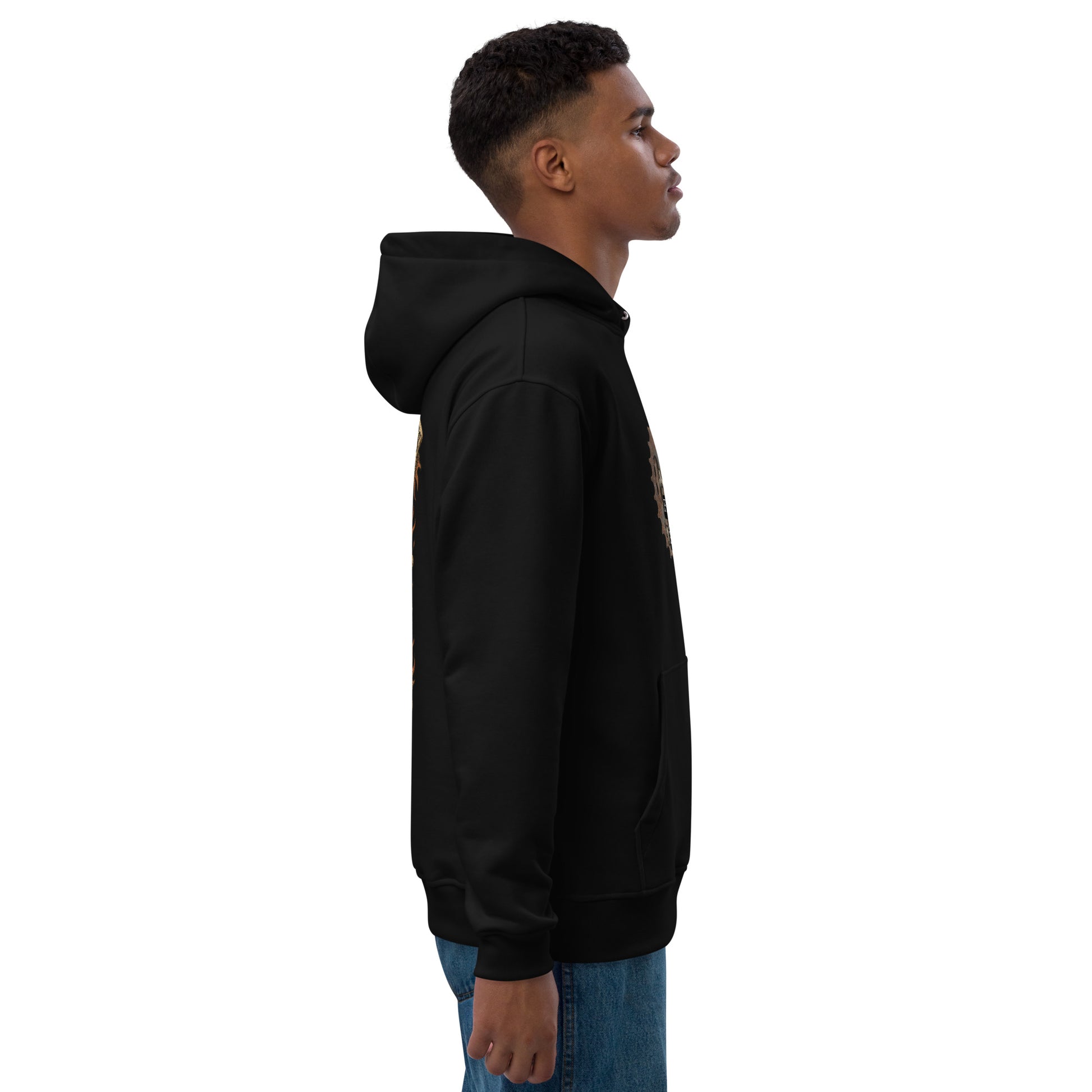 Person wearing a black hoodie on a white background