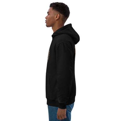 Person wearing a black hoodie on a white background