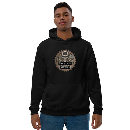 Person wearing a black hoodie with a 'Freedom Riders' logo on a white background