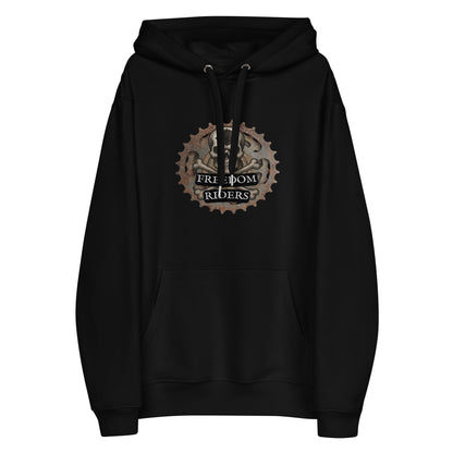 Black hoodie with 'Freedom Riders' graphic on a white background