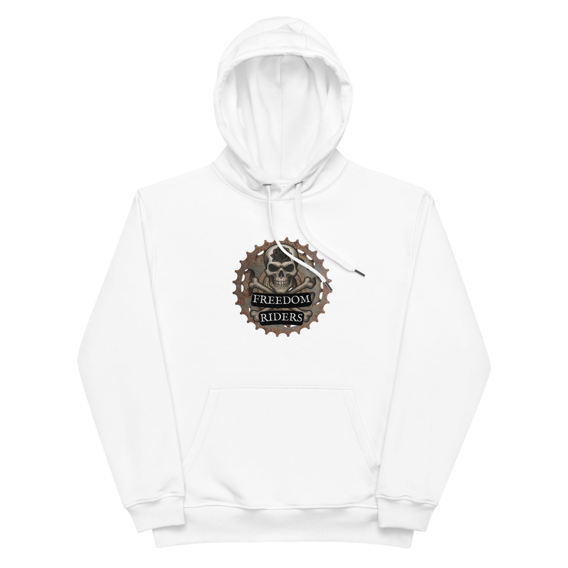 White hoodie with 'Freedom Riders' logo on a white background