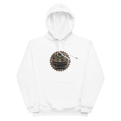 White hoodie with 'Freedom Riders' logo on a white background