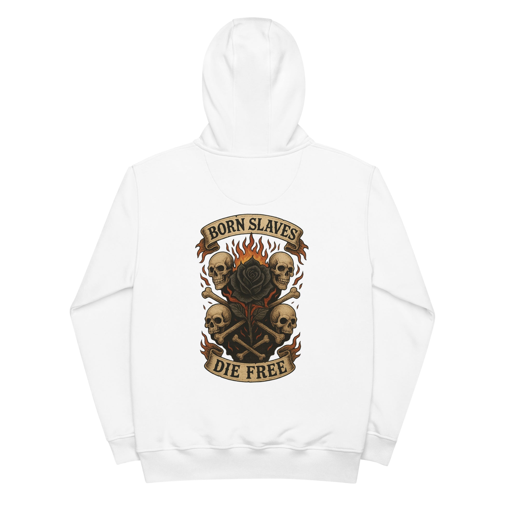 White hoodie with skull and crossbones design and text on a white background