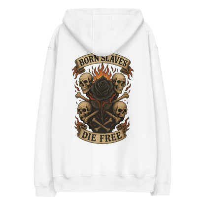 White hoodie with skull and rose design on the back