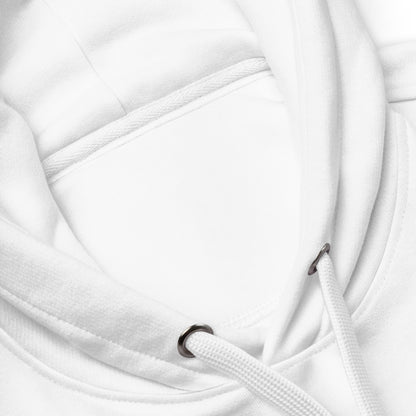 Close-up of a white hoodie with drawstrings on a light gray background