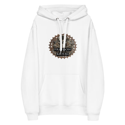 White hoodie with a logo on the chest against a white background
