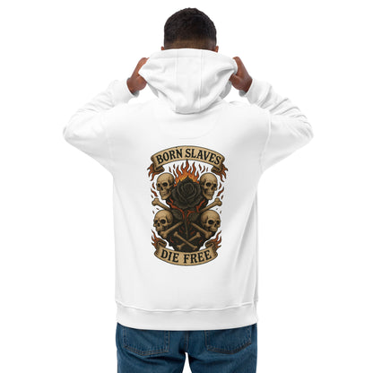 Person wearing a white hoodie with a graphic design on the back, featuring skulls and text.