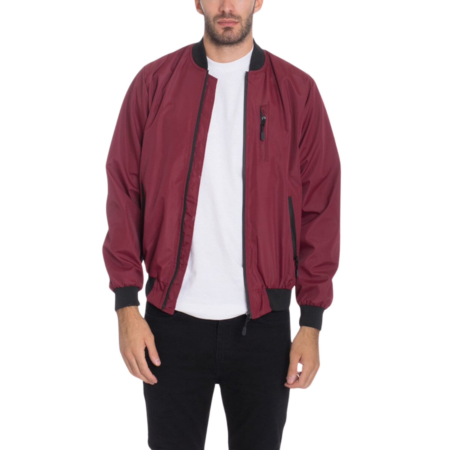Men's burgundy waterproof windbreaker jacket with full front zipper, ribbed cuffs, and multiple utility pockets.