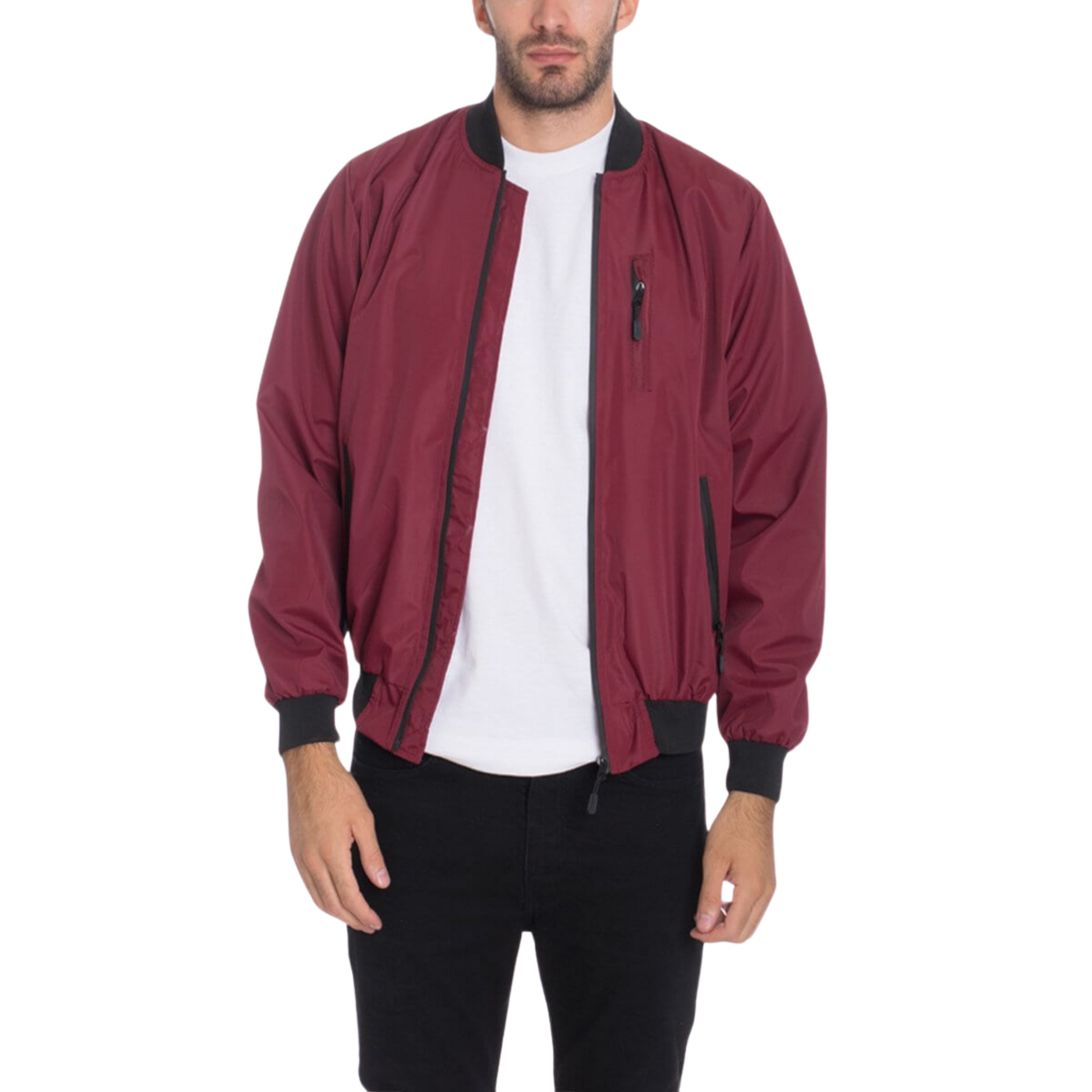 Men's burgundy waterproof windbreaker jacket with full front zipper, ribbed cuffs, and multiple utility pockets.