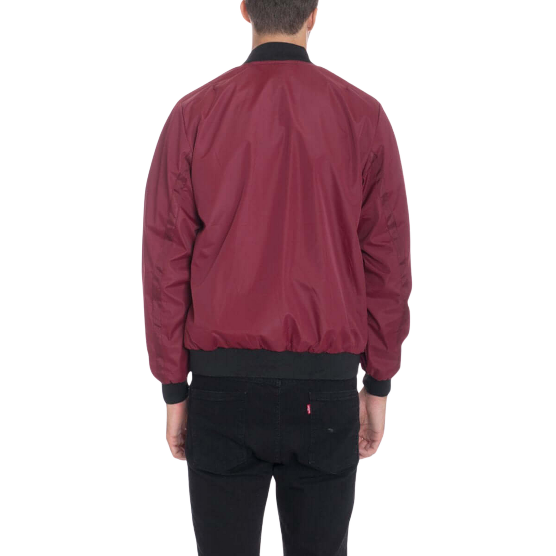 Men's burgundy waterproof windbreaker jacket with full front zipper, ribbed cuffs, and multiple utility pockets.