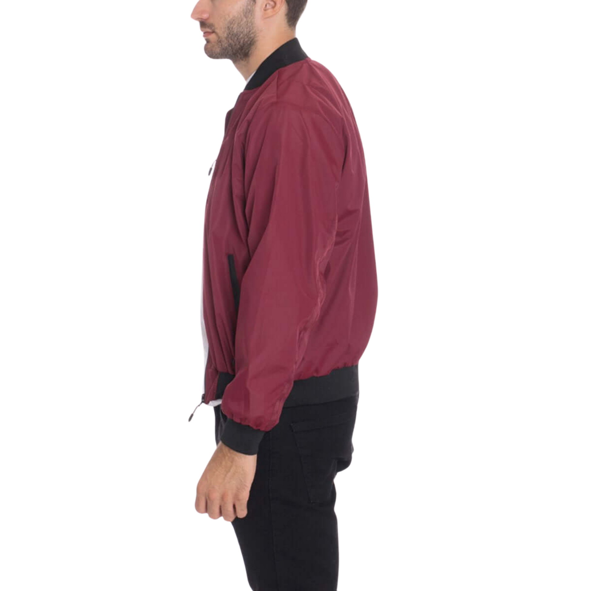 Men's burgundy waterproof windbreaker jacket with full front zipper, ribbed cuffs, and multiple utility pockets.