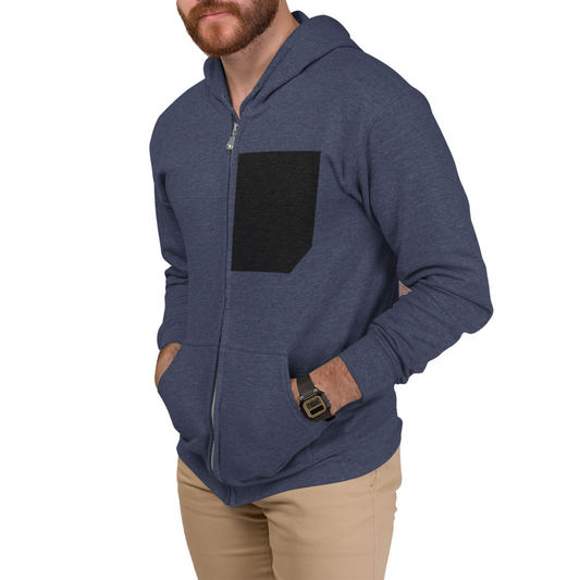 Men's Heavy Cotton Blend Zipper Hoodie in Navy with black patchwork detail on the chest, full zipper closure, and two front pockets.