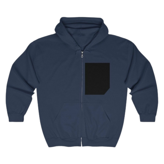 Men's Heavy Cotton Blend Zipper Hoodie in Navy with black patchwork detail on the chest, full zipper closure, and two front pockets.