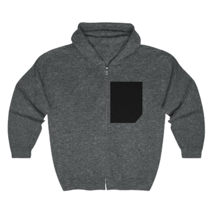 Men's Heavy Cotton Blend Zipper Hoodie in Navy with black patchwork detail on the chest, full zipper closure, and two front pockets.