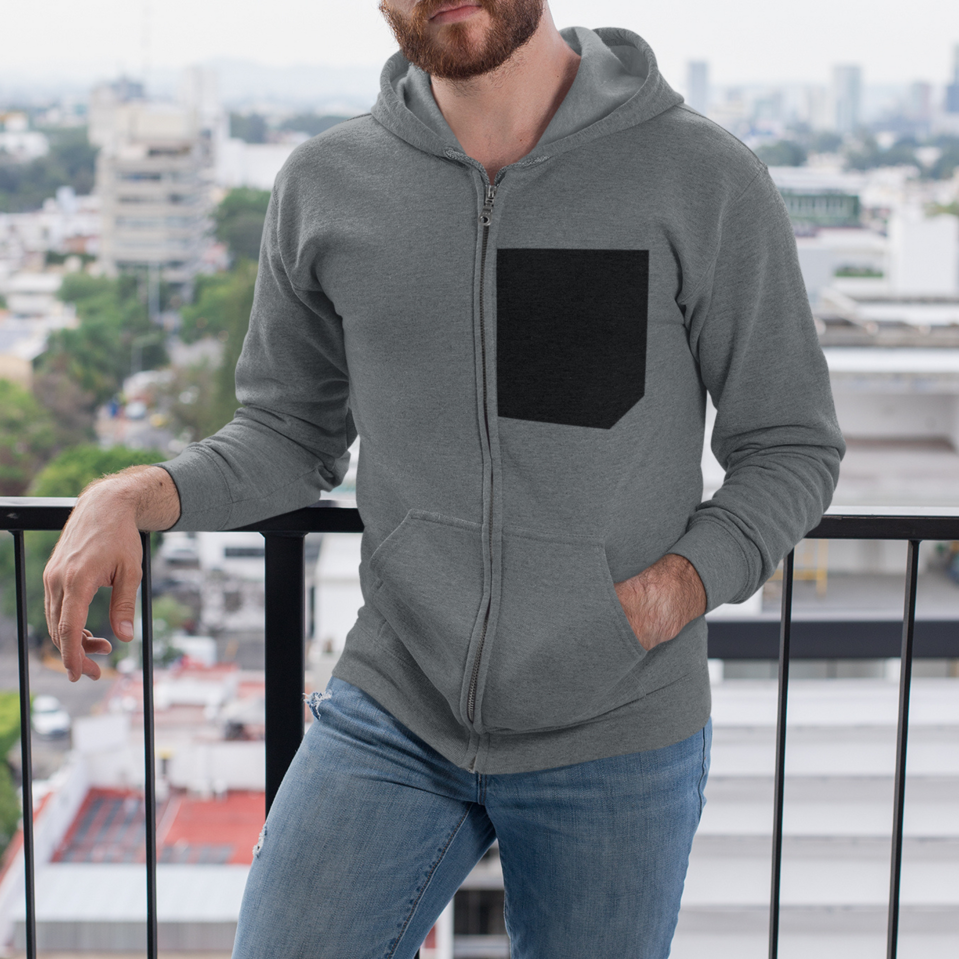 Men's Heavy Cotton Blend Zipper Hoodie in Navy with black patchwork detail on the chest, full zipper closure, and two front pockets.