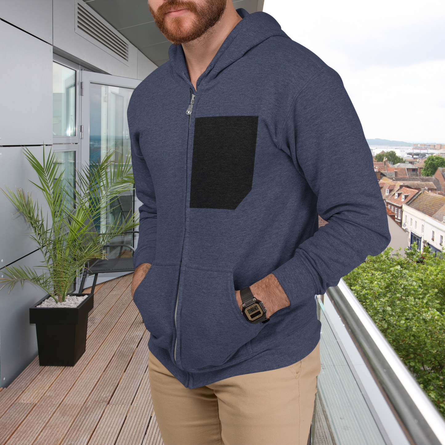 Men's Heavy Cotton Blend Zipper Hoodie in Navy with black patchwork detail on the chest, full zipper closure, and two front pockets.