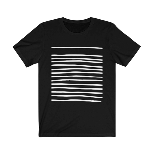 Men's Horizontal Stripes Super Soft Cotton Tee Shirt – black short-sleeve crew neck with white horizontal stripe pattern, made from 100% premium cotton.