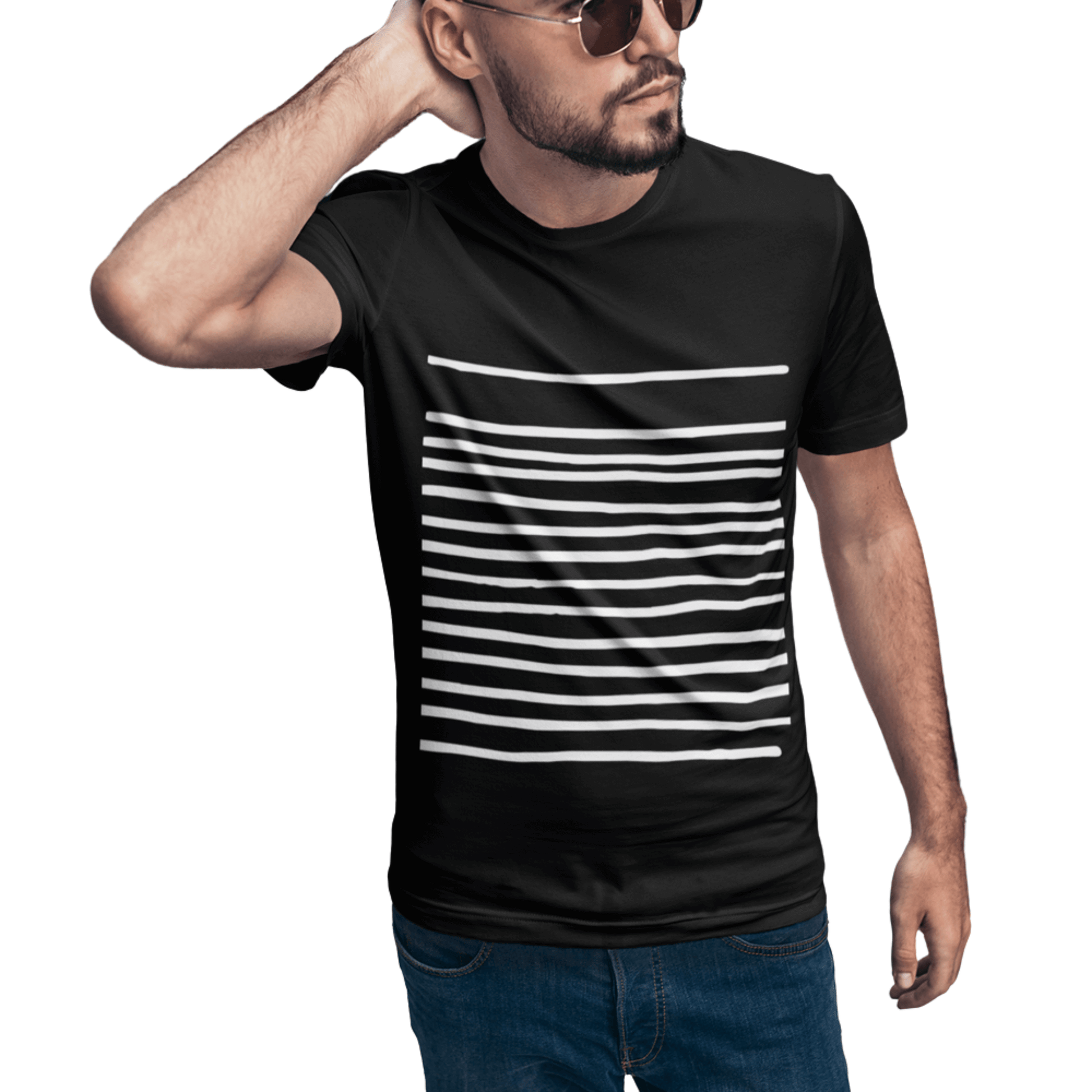 Men's Horizontal Stripes Super Soft Cotton Tee Shirt – black short-sleeve crew neck with white horizontal stripe pattern, made from 100% premium cotton.