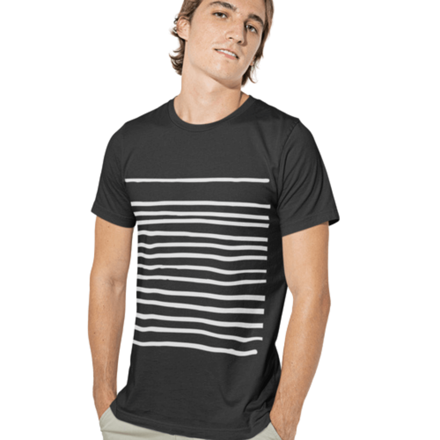 Men's Horizontal Stripes Super Soft Cotton Tee Shirt – black short-sleeve crew neck with white horizontal stripe pattern, made from 100% premium cotton.