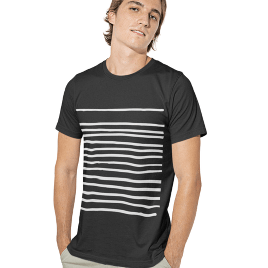 Men's Horizontal Stripes Super Soft Cotton Tee Shirt – black short-sleeve crew neck with white horizontal stripe pattern, made from 100% premium cotton.