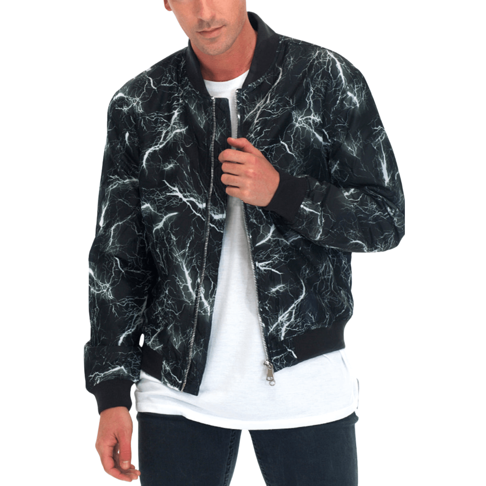 Men's black bomber jacket with bold white lightning print, front zipper closure, ribbed cuffs and collar, and two front pockets.