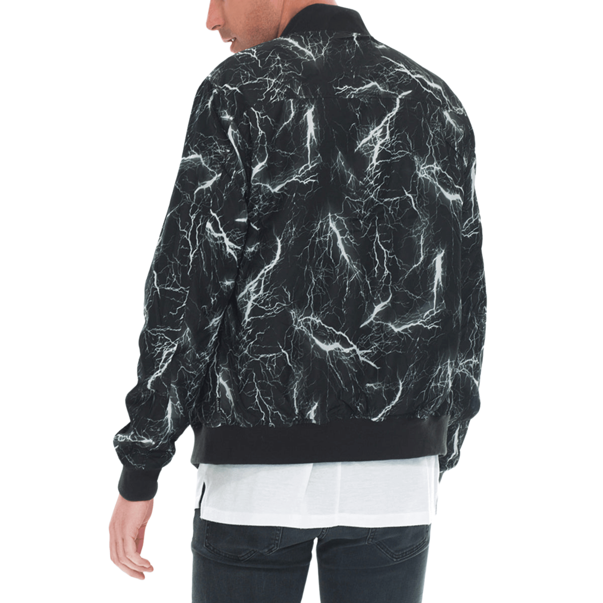 Men's black bomber jacket with bold white lightning print, front zipper closure, ribbed cuffs and collar, and two front pockets.