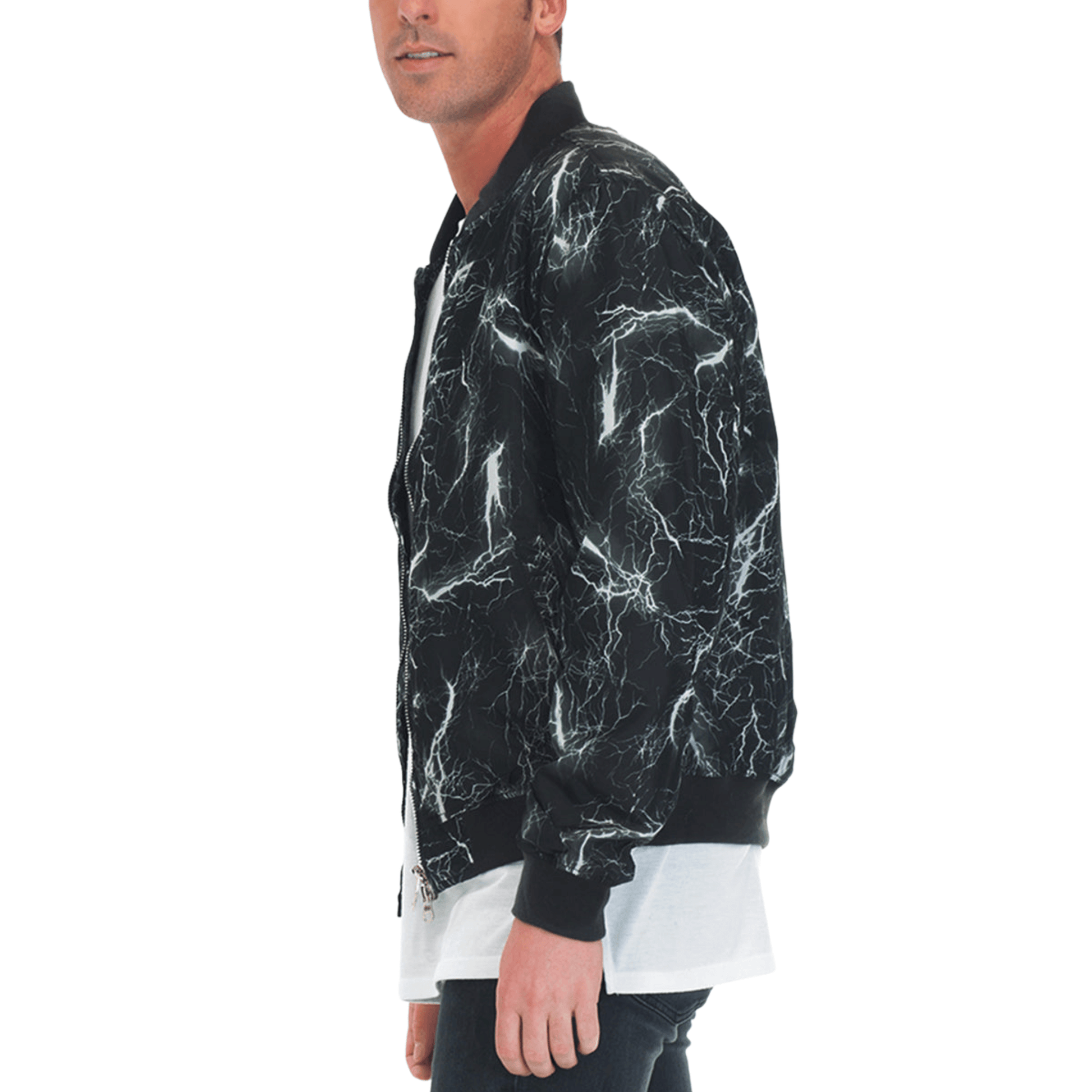 Men's black bomber jacket with bold white lightning print, front zipper closure, ribbed cuffs and collar, and two front pockets.