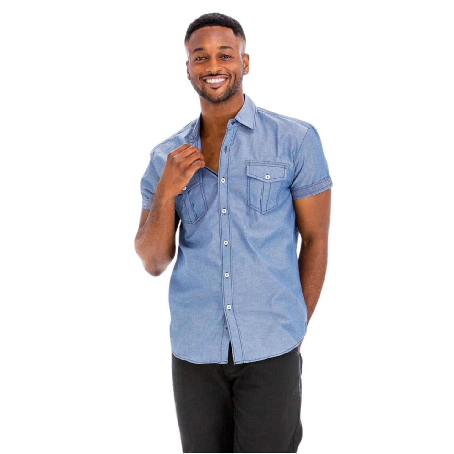 Men’s long sleeve button down dress shirt with two chest pockets and double stitching, shown in red, black, gray, and blue.